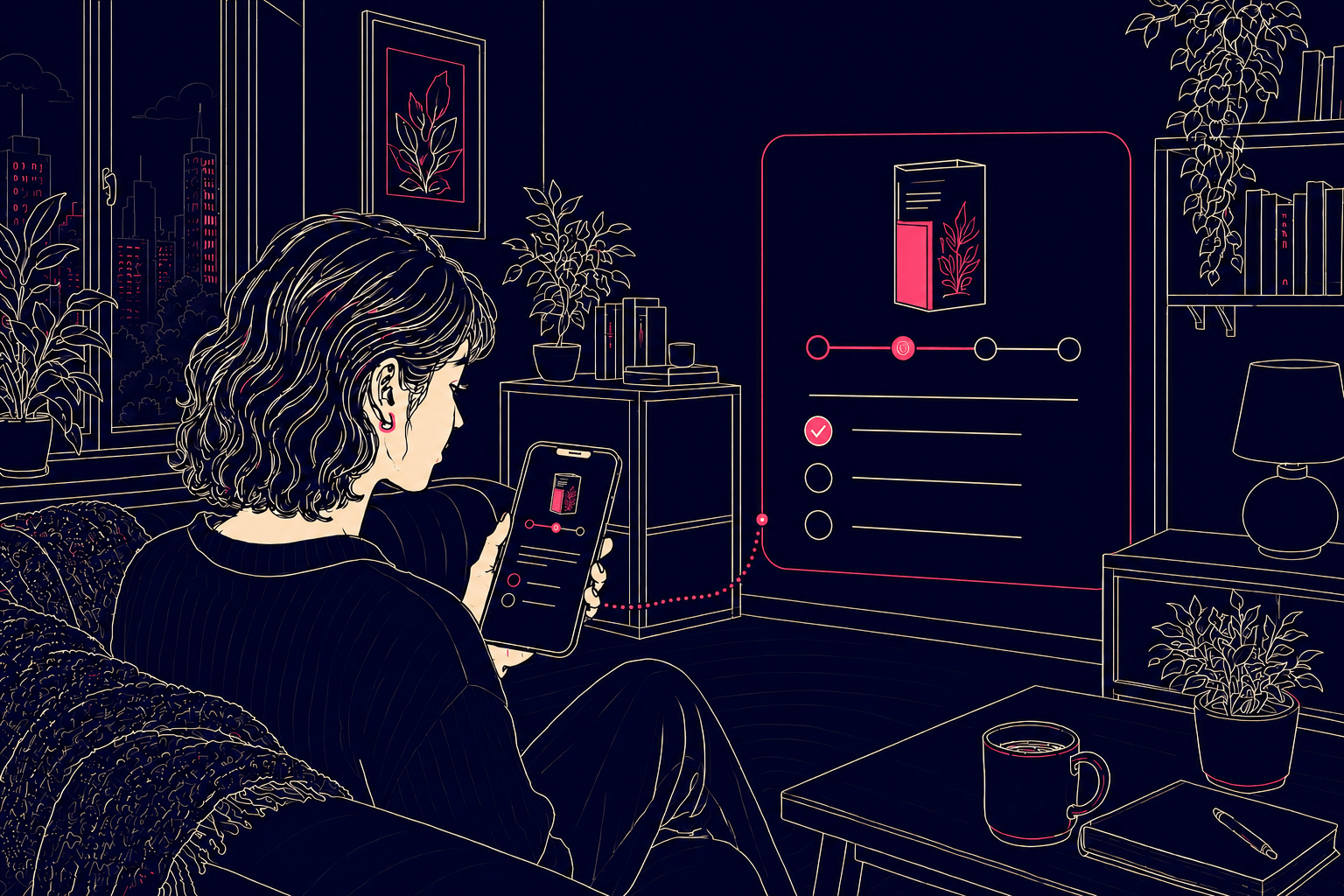 Illustration of a woman at home answering a short medication questionnaire on her phone
