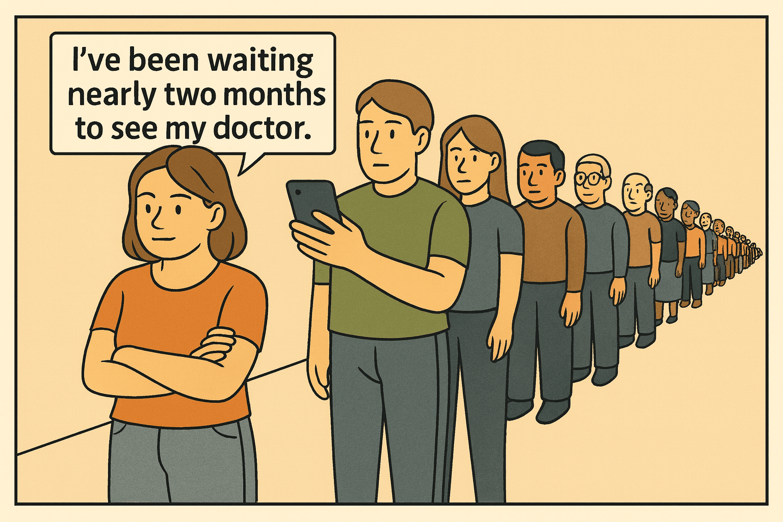 a long line of people looking frustrated and waiting for health care