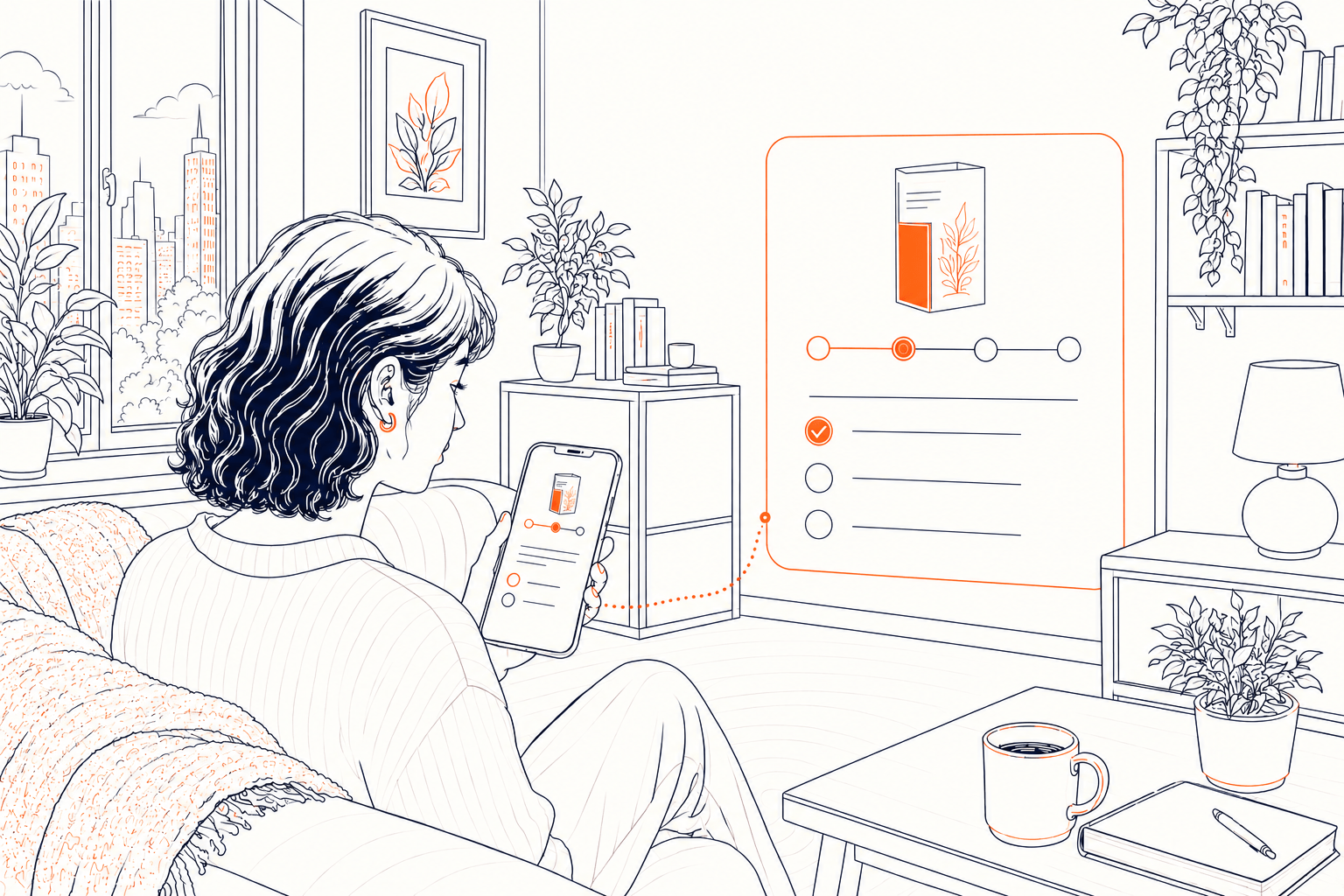 Illustration of a woman at home answering a short medication questionnaire on her phone