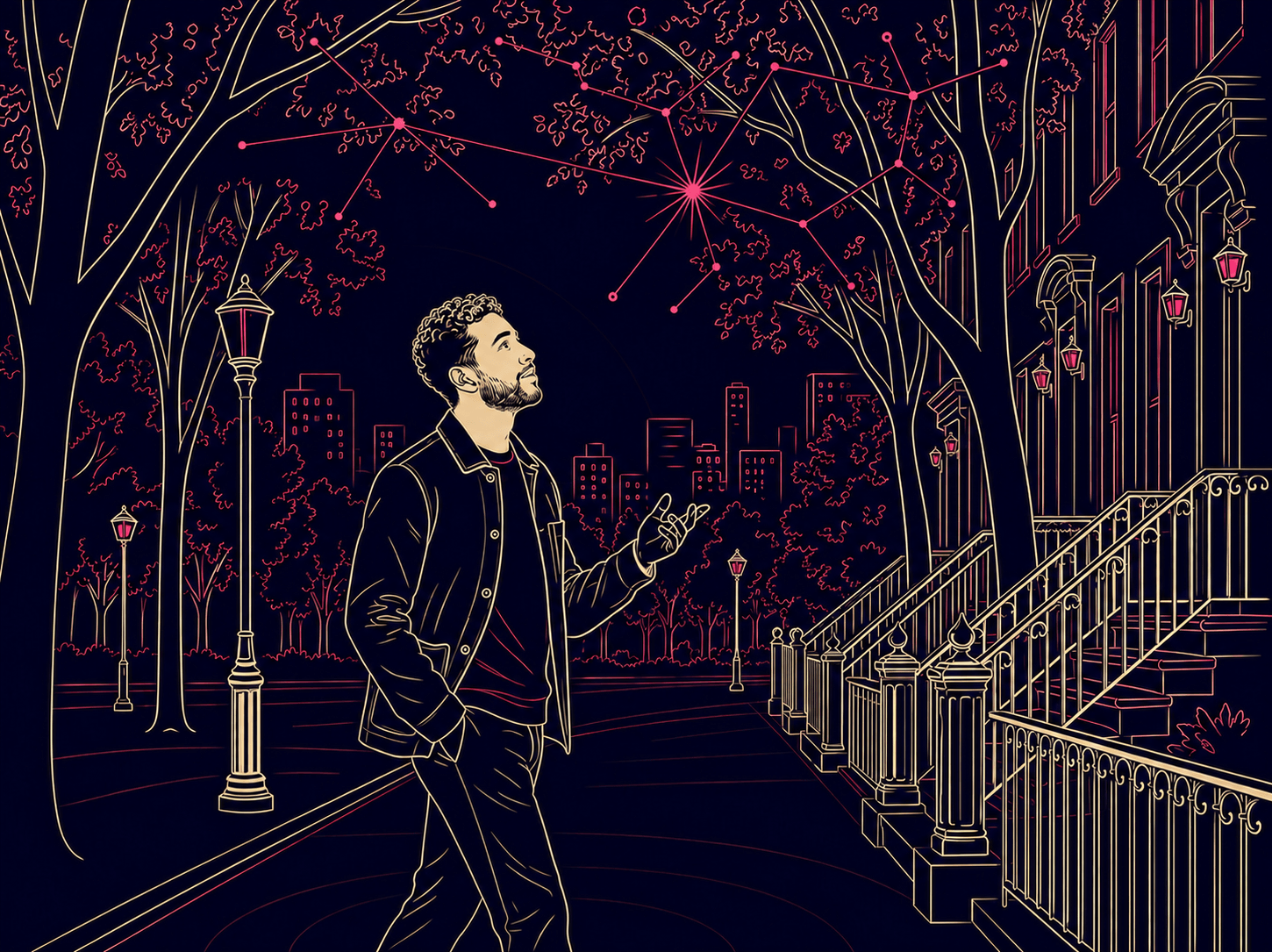 Illustration of a man on a tree-lined city street looking up at a glowing constellation of connected points